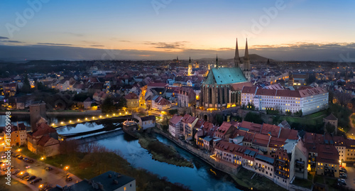 Gorlitz, Germany. Panoramic aerial view of old town at dusk with gothic Sts. Peter and Paul Church