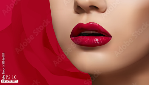 Sexy sweet red lips. Shining gloss lipstick, erotic open mouth,  white teeth. Vector realistic illustration.