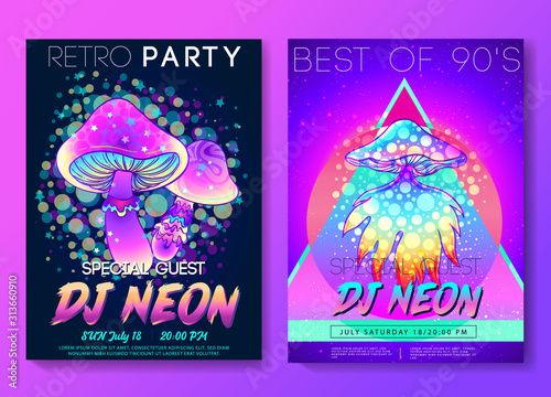 Retro futurism. Vintage 80s or 90s style background with magic mushrooms. Good design for textile t-shirt print design, flyer and poster. Futuristic vector illustration in bright neon colors.