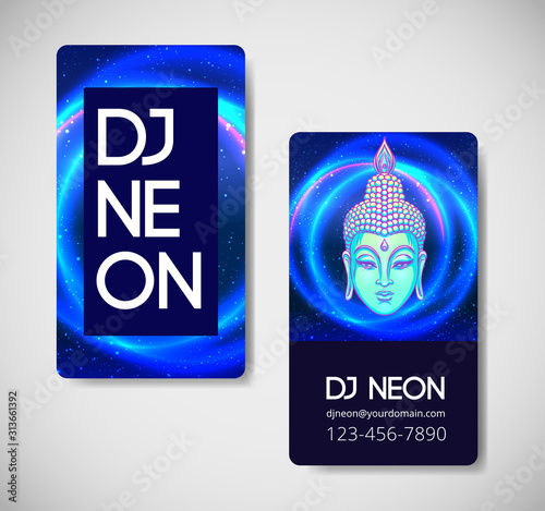 Yoga card, flyer, poster, mat design. Colorful neon template for spiritual retreat or yoga studio. Ornamental business cards, oriental pattern. Vector illustration. Sticker, patch, 60s hippie art.