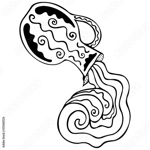 Black and white inverted jug with water pouring out of it. Coloring book antistress symbolizing the zodiac sign Aquarius. Waves flowing from a ceramic vessel. Astrological hand drawing for a tattoo. 