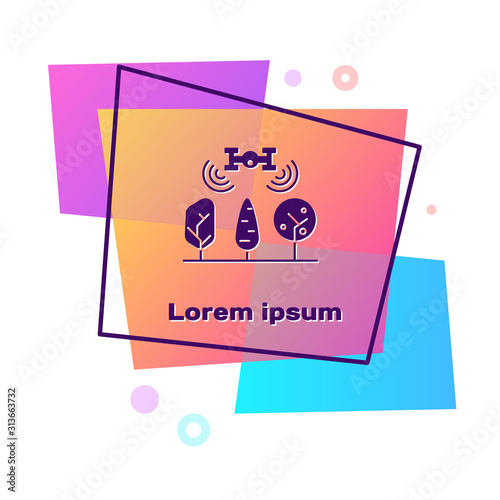 Purple Smart farm with drone control and tree icon isolated on white background. Innovation technology for agricultural company. Color rectangle button. Vector Illustration