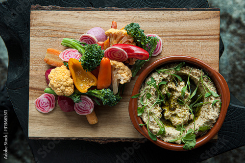 Appetizer of raw vegetables crudite with dip