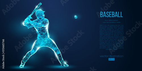 Abstract baseball player from particles, lines and triangles on blue background. All elements on a separate layers, color can be changed to any other. Low poly neon wire outline geometric. Vector