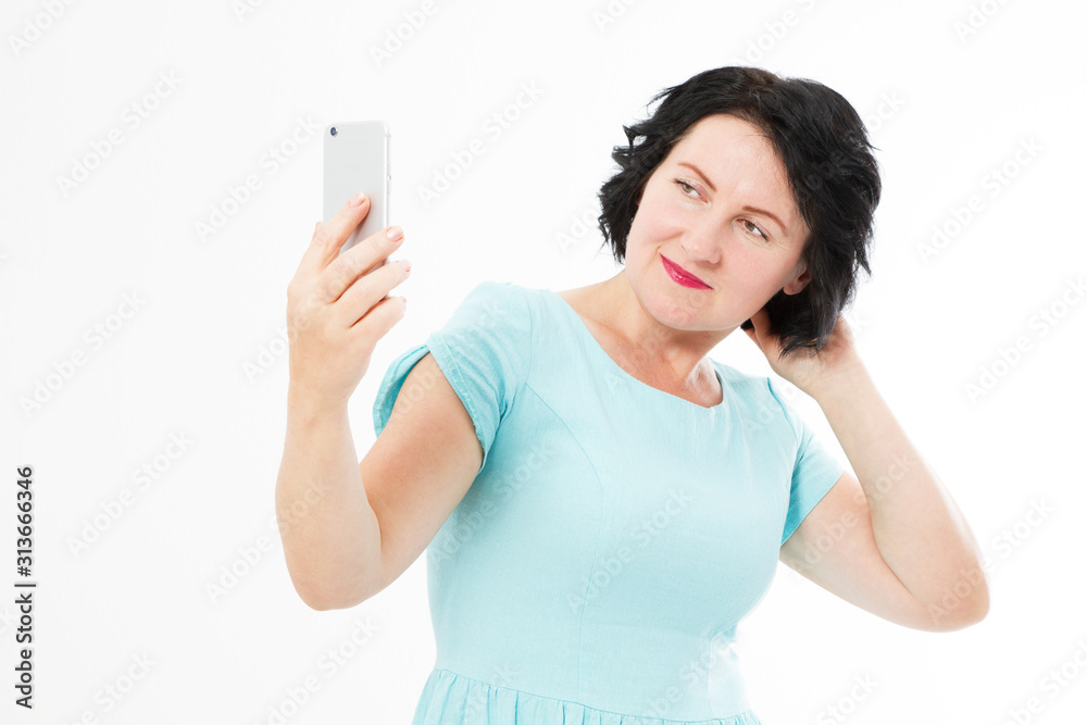 Middle age woman make selfie on mobile phone isolated