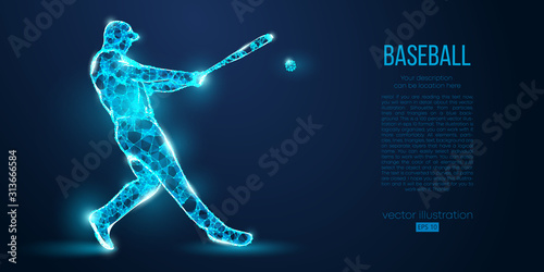 Abstract baseball player from particles, lines and triangles on blue background. All elements on a separate layers, color can be changed to any other. Low poly neon wire outline geometric. Vector