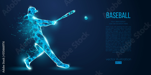 Abstract baseball player from particles, lines and triangles on blue background. All elements on a separate layers, color can be changed to any other. Low poly neon wire outline geometric. Vector