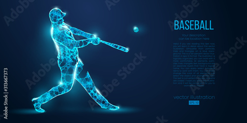 Abstract baseball player from particles, lines and triangles on blue background. All elements on a separate layers, color can be changed to any other. Low poly neon wire outline geometric. Vector