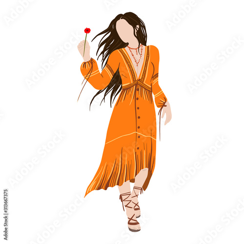 Slim Hippie girl in orange boho dress 