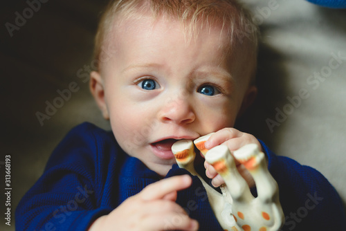 A baby boy chews on a toy.