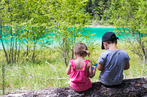 Rear view of brother and sister sitting on log with view of lake. photo