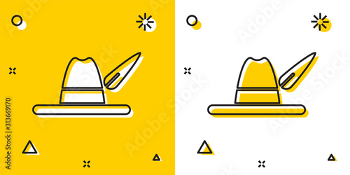Black Oktoberfest hat icon isolated on yellow and white background. Hunter hat with feather. German hat. Random dynamic shapes. Vector Illustration