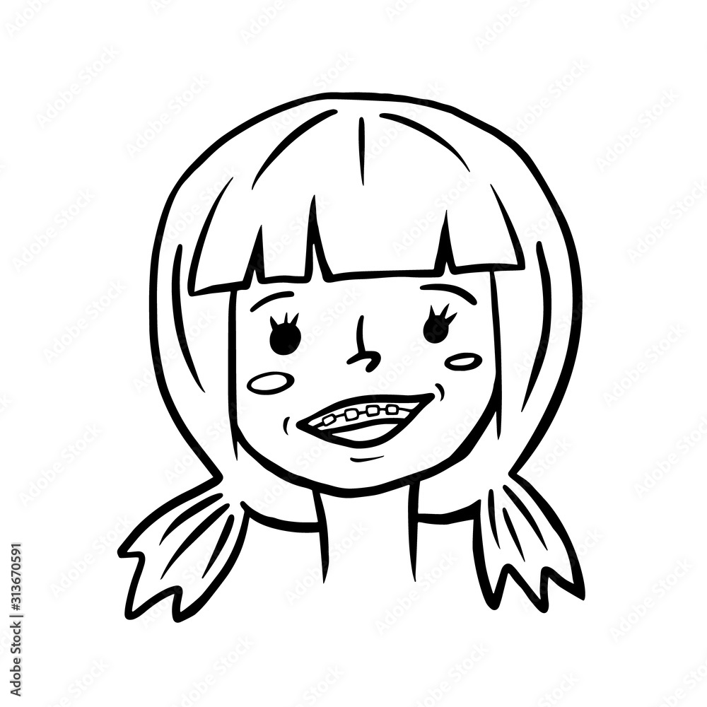 A smiling girl. Vector linear illustration of a girl with braces. Sketch style portrait. A smiling girl. Vector linear illustration of a girl with braces. Sketch style portrait.