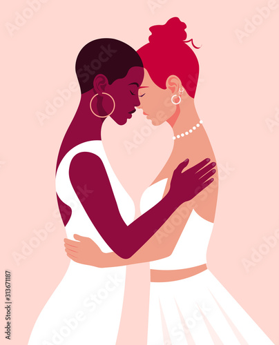 Two women in white dresses hug each other. LGBT wedding. A pair of lesbian lovers. Vector flat illustration