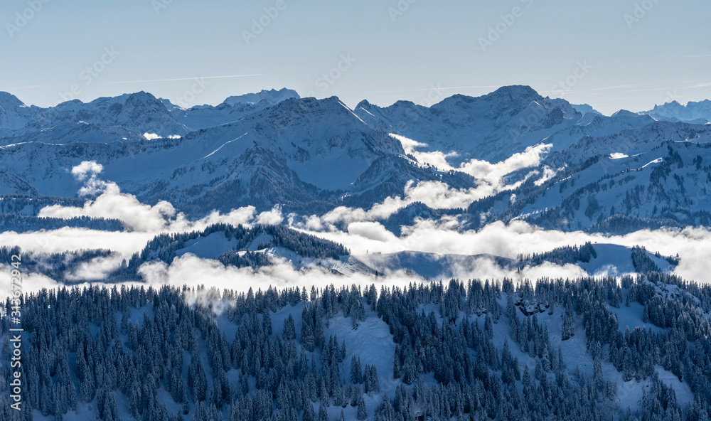 Winterlandscape in the Allgaeu Mountains, view from Hochgrat summit over a sea of fog to the Bregenz Wald mountains, Vorarlberg, Austria, landscape photography