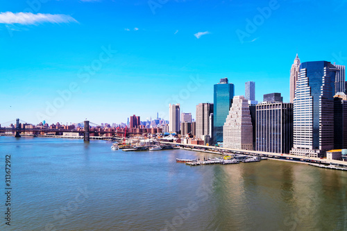 Aerial panoramic view on Skyline with Skyscrapers in Downtown and Lower Manhattan  New York City  America USA. American architecture building. Panorama of Metropolis NYC. Cityscape. Hudson  East River