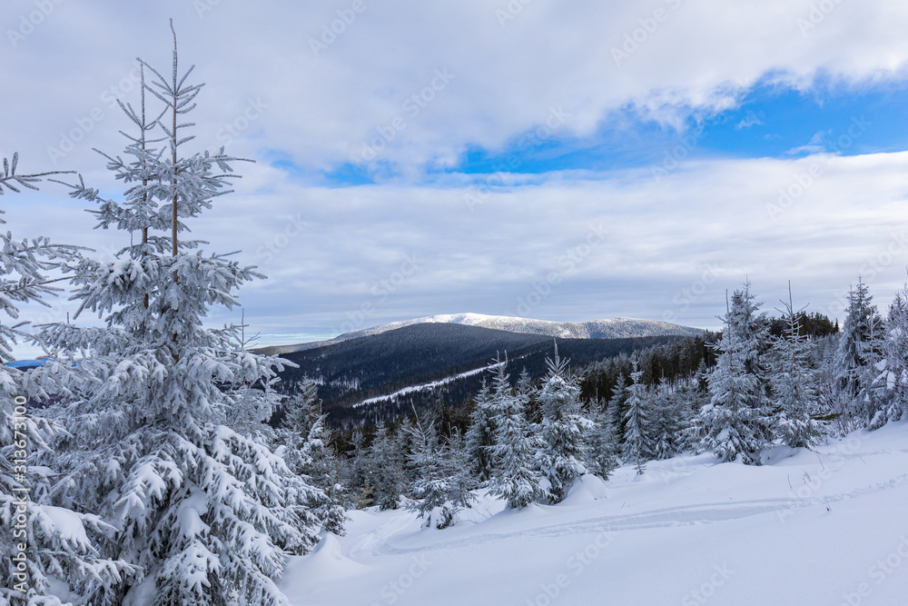 Beskid Zywiecki. Winter in Poland. Captured during trekking on the way to Rysianka, near Zabnica village. Snowy Winter Mountains.