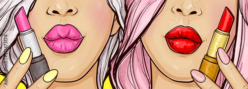 Two women portray kiss and hold lipstick. Vector pop art illustration of female blowing mouth painted by red and pink pomade. Sexy girls with lips makeup