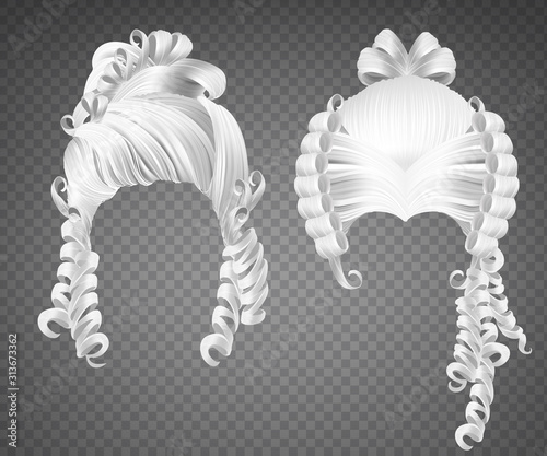 White curly girl wig, women rococo hairstyle. Vector set of realistic vintage princess hairstyle with long curls for wedding or carnival isolated on transparent background
