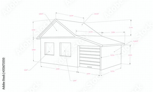 Technical drawing of a house with a garage, on a plane with size indicators