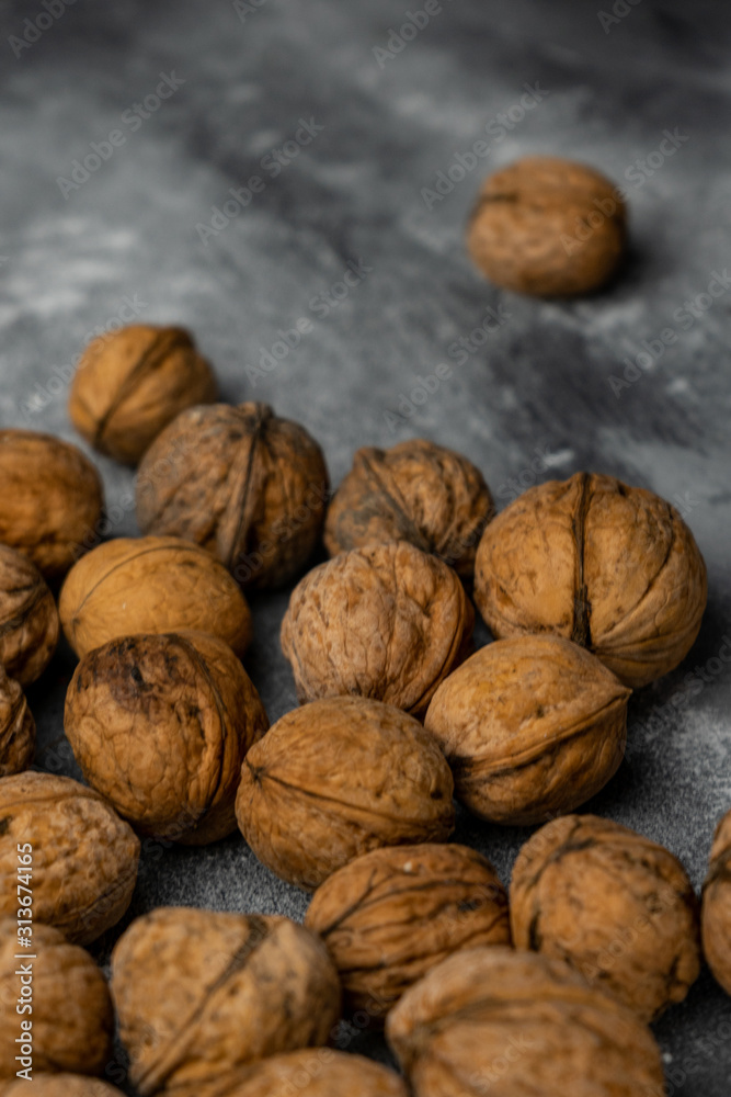 selective focus, harvested walnut in shell selective focus, harvested walnut in shell