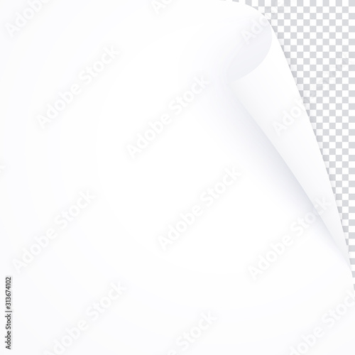 White page with curled corner, empty bent paper template for book, magazine. Vector post for notes, memory, remind. Bent realistic page isolated, banner or flyer mockup.