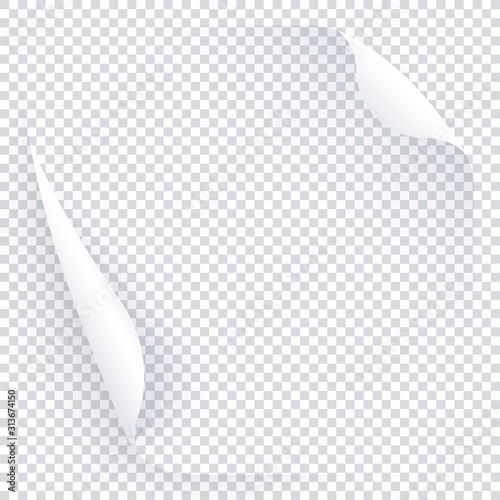 White transparent page with two curled round corners, empty paper template for banner, flyer, news. Vector post for notes, memory, remind. 3d realistic illustration of page for text and message.