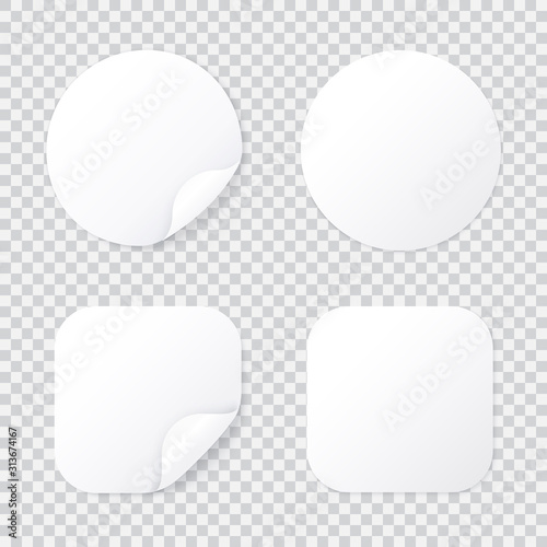 Round and square sticker with bent corner, white patches template isolated with shadow, sticky price tag or promo label with flipped folded corner vector illustration.