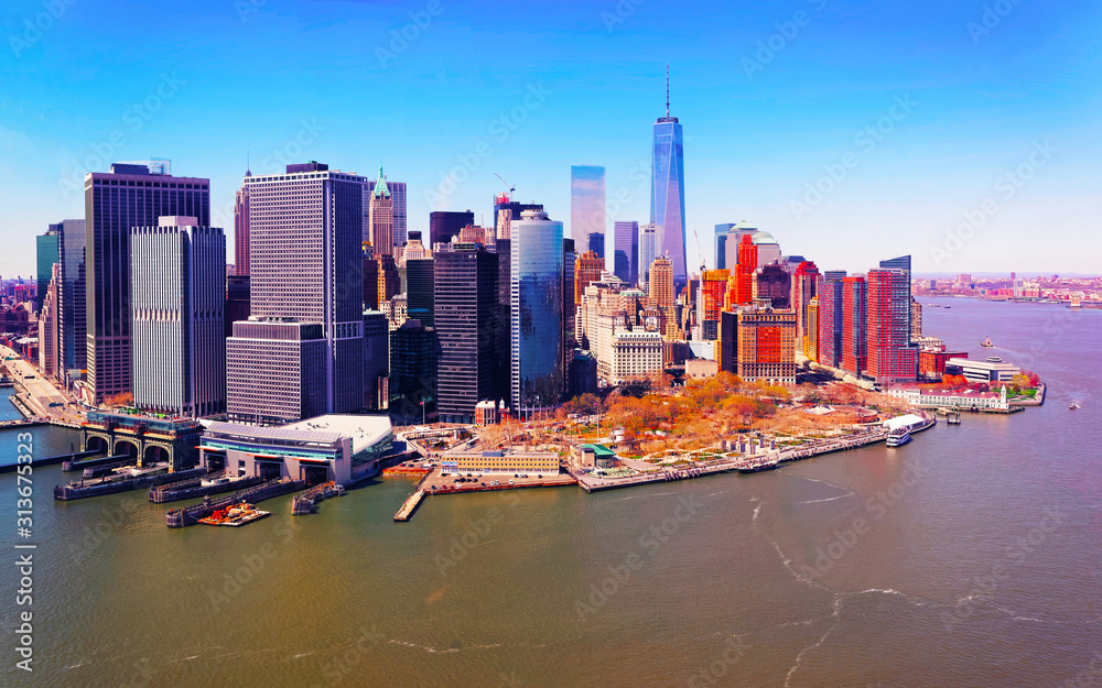 Fototapeta premium Aerial view from Skyline with Skyscrapers in Lower Manhattan, New York City, America USA. American architecture building. Metropolis NYC. Cityscape. Hudson, East River NY