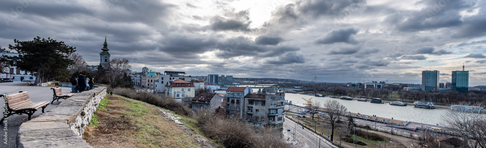 View from Kalemegdan fortress at Belgrade, Serbia and Danube river with beautiful cloudy sky at sunset 