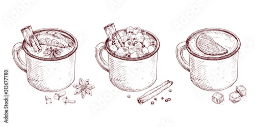 Hand drawn hot drinks. Cup of mulled wine, cup of cocoa drink with marshmallows, cup of tea with lemon. Vector illustration isolated on white background.