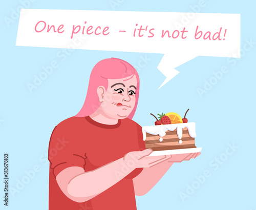 Food addiction flat color vector illustration. One piece its not bad. Psychological dependence on sweets. Overweight woman in anticipation of eating cake isolated cartoon character on blue background