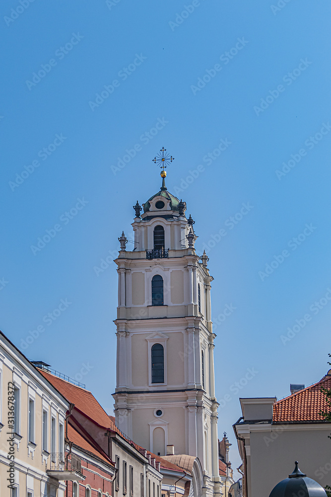 Bell tower of the St. John (St. John the Apostle and Evangelist) church near Vilnius University in Old Town. Vilnius, Lithuania.
