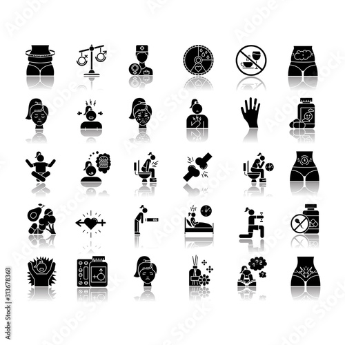 Predmenstrual syndrome drop shadow black glyph icons set. Menstrual cycle. Abdominal pain. Food craving. Birth control. Aromatherapy. Emotion outburst. Hormone imbalance. Isolated vector illustrations