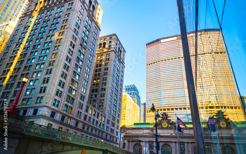 Street view of Entrance in Grand Central Terminal Building, or GCT in Midtown Manhattan, New York City, USA. America. American architecture. Panorama of Metropolis NYC