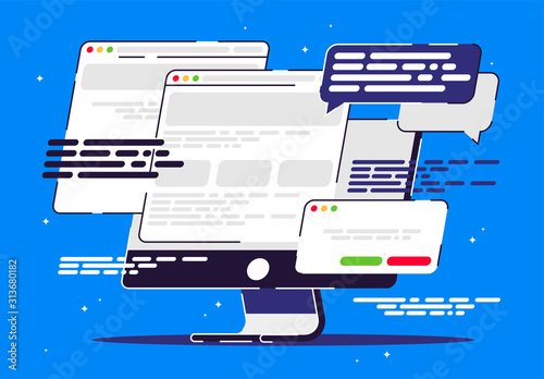 Vector illustration of a monoblock with many open Internet Windows, links to Internet resources, clouds for chatting