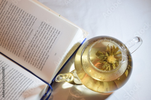 book and blooming tea 