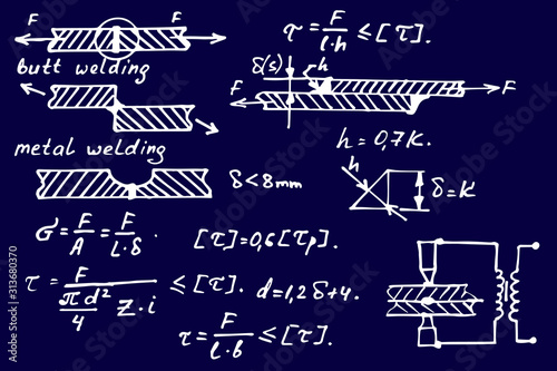 Vector background with physics formulas and equations. Materials - metal welding. Vintage blueprint.