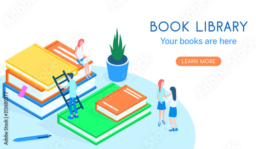 Modern concept isometric library book and people vector illustration.