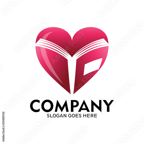 love book logo template, heart and book logo