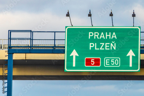 Photography signage Praha (Prague) and Plzen (Pilsen) at europa highway number 50 and Highwa