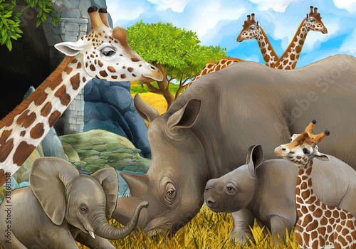 cartoon safari scene with elephant and giraffes on the meadow beautiful illustration for children