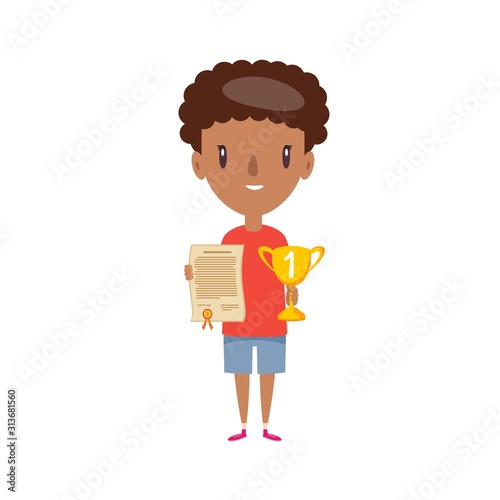 Smiling schoolboy. Cheerful elementary school student, kindergarten pupil cartoon character. Flat vector illustration.