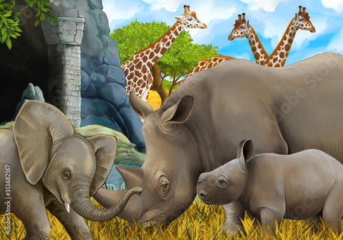 cartoon safari scene with elephant and giraffes on the meadow beautiful illustration for children