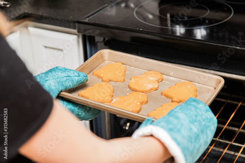 white Caucasian person putting Christmas cookies into oven. Baking close up.