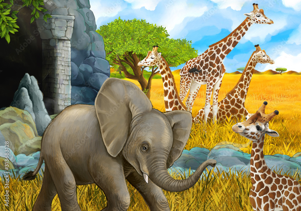 cartoon safari scene with elephant and giraffes on the meadow beautiful ...