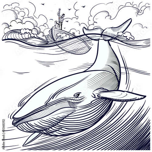 Blue whale being hunted by old time whalers book style line illustration photo