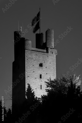 Black and white view of the Rocca of Federico II in San Miniato, Pisa, Tuscany, Italy, after sunset photo