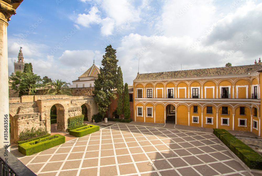Courtyard of the Real Alcazar Palace in Seville, Spain