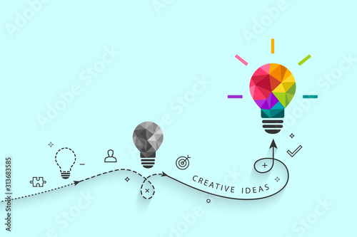 Creative ideas and development concept with colorful low poly light bulb